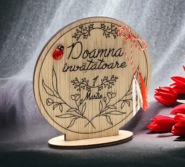 Decupaj lemn, rotund, cu suport „Doamna învățătoare / 1 Martie” - imagine 2